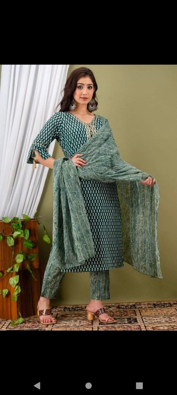 BRISA Cotton Malmal Green Handwork Kurti Pant Dupatta - M to XXL