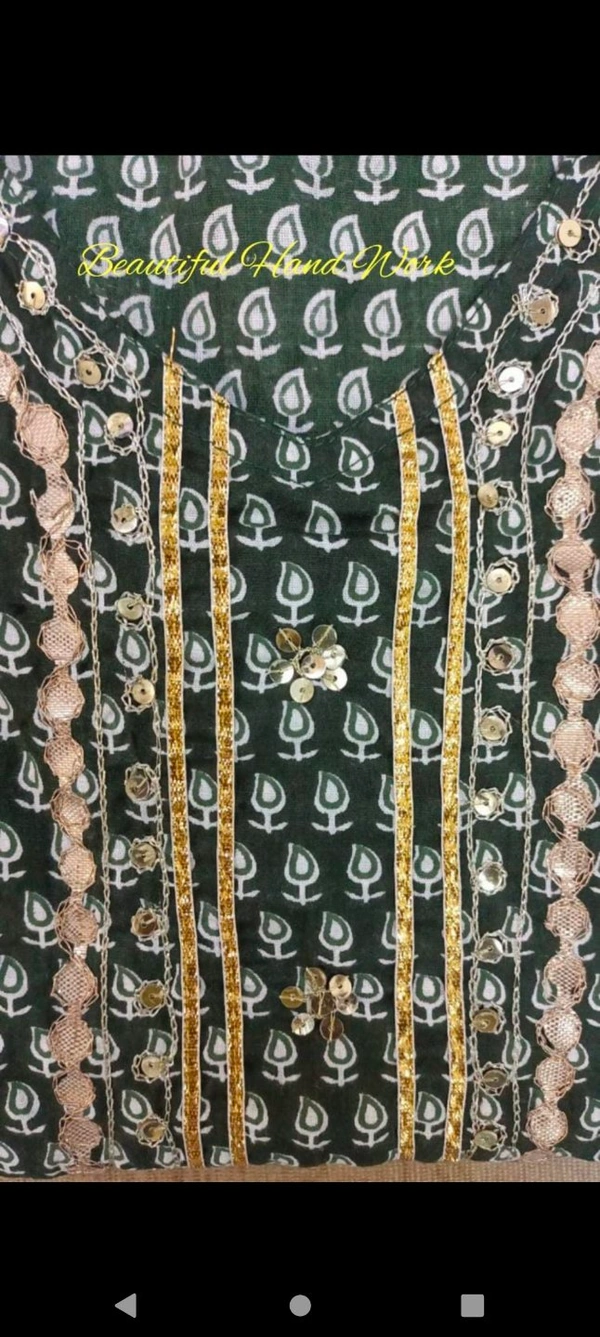 BRISA Cotton Malmal Green Handwork Kurti Pant Dupatta - M to XXL