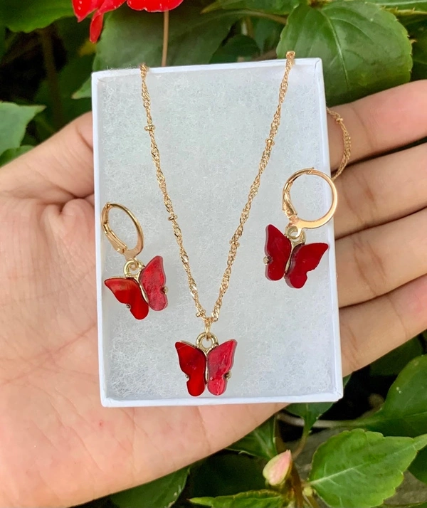 Butterfly Necklace Earring set  - Red