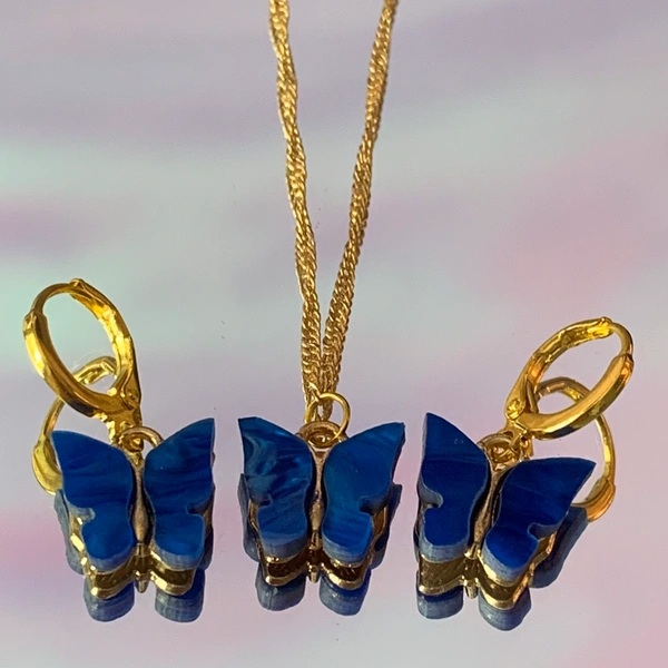 Butterfly Necklace Earring set  - Blue