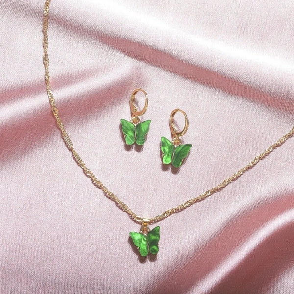 Butterfly Necklace Earring set  - Green