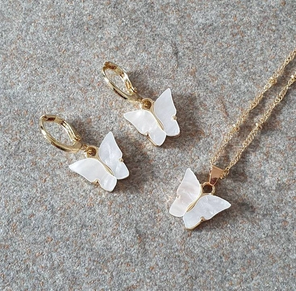Butterfly Necklace Earring set  - White