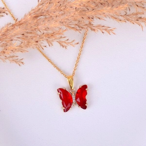 Crystal Butterfly necklace - Red