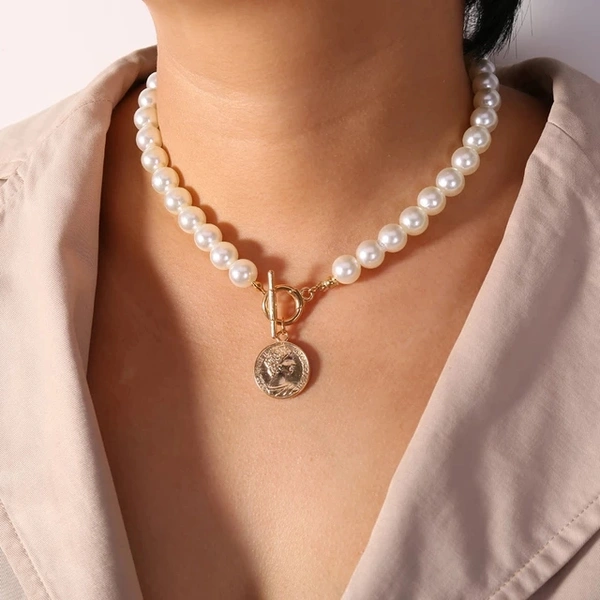 Coin Pearl Necklace  - Adjustable, White
