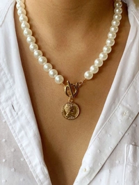Coin Pearl Necklace  - Adjustable, White