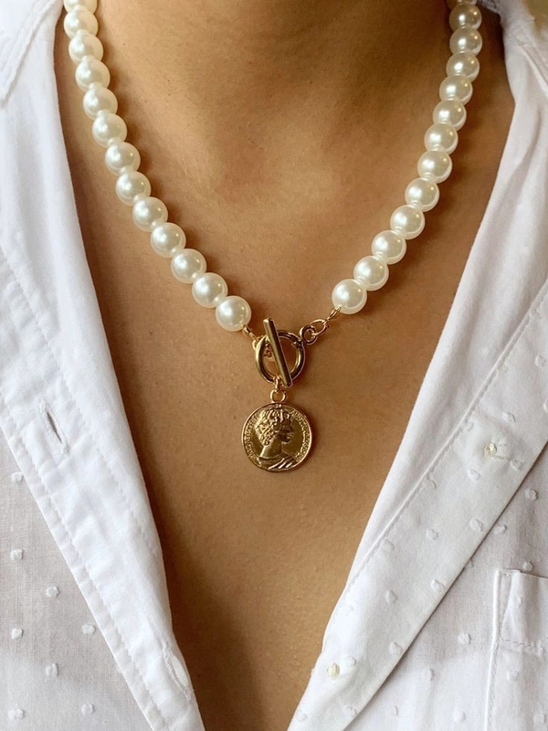 Coin Pearl Necklace  - Adjustable, White