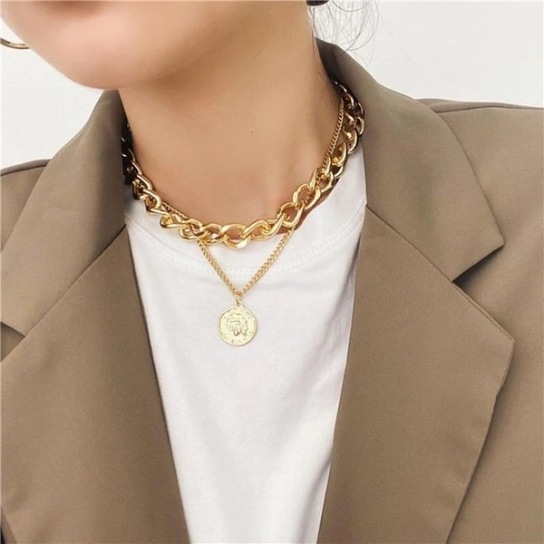 Coin Layered Necklace - Golden, Adjustable