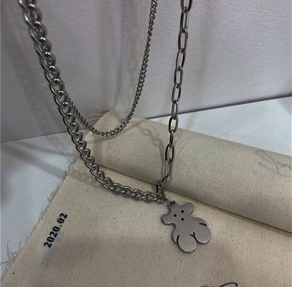 Bear Layered Necklace - silver, Adjustable