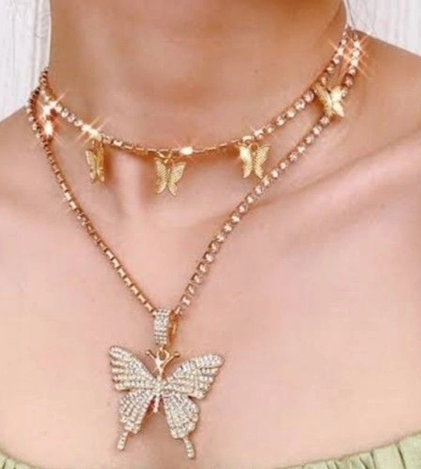 Chunky Butterfly 2 Layerd Necklace - silver