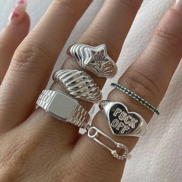 Chunky Silver Rings Set - 17