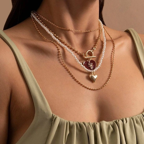 Retro Heart Layered Necklace Set 