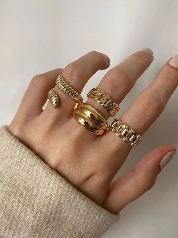 Cuban Rings Set  - Free Size , Golden 