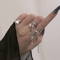 Punk Butterfly Chain Rings Set  - Silver 