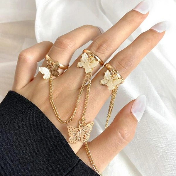 Punk Butterfly Chain Rings Set  - Golden