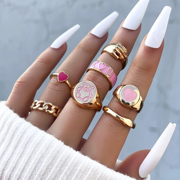 Pink Bear Rings Set  - Free Size