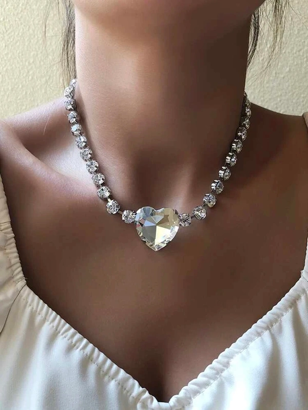 Silver Heart Stone Necklace  - T