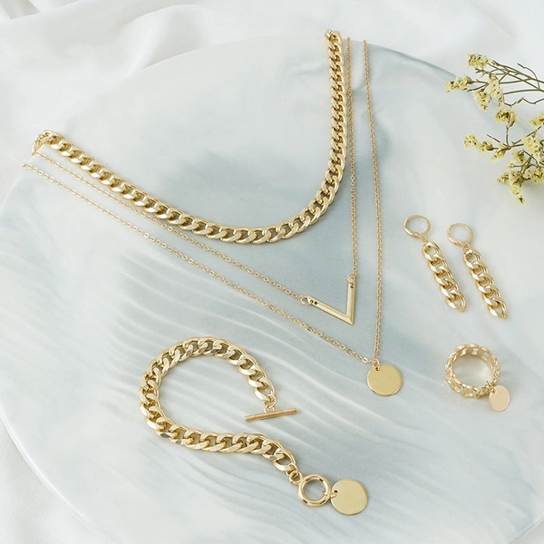 V-Shaped Zipper Chain Ring Necklace Bracelet Earrings Set