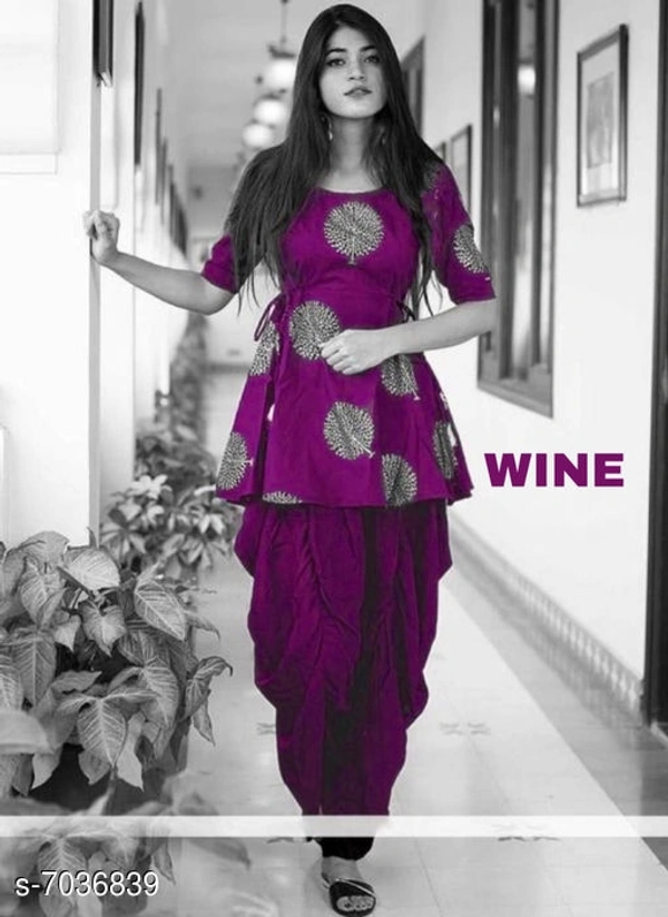 Women Rayon Printed Short Kurti With plazo Like Dhoti - L, wine