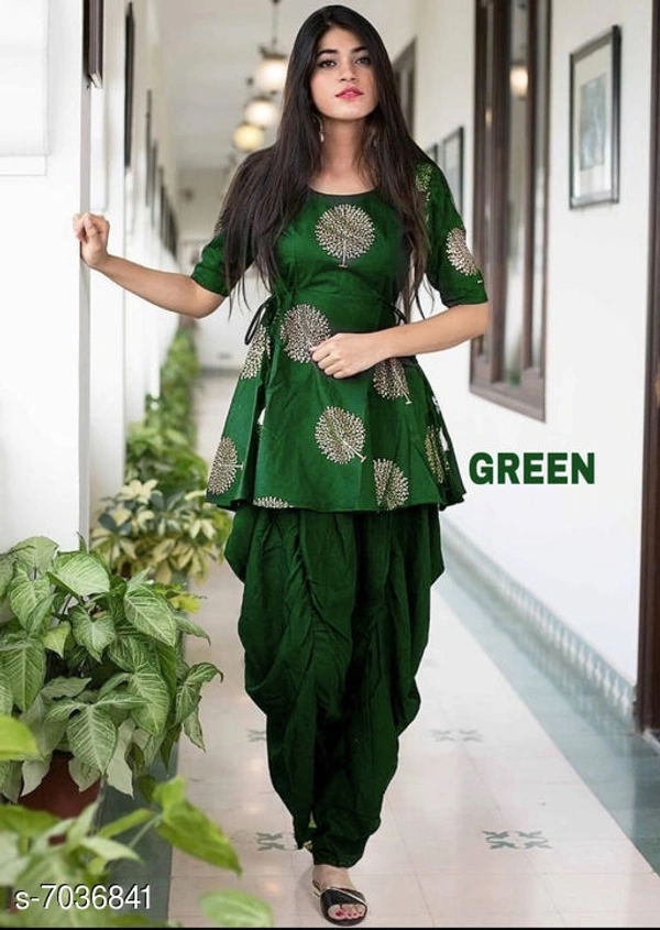 Women Rayon Printed Short Kurti With plazo Like Dhoti - XL, Green