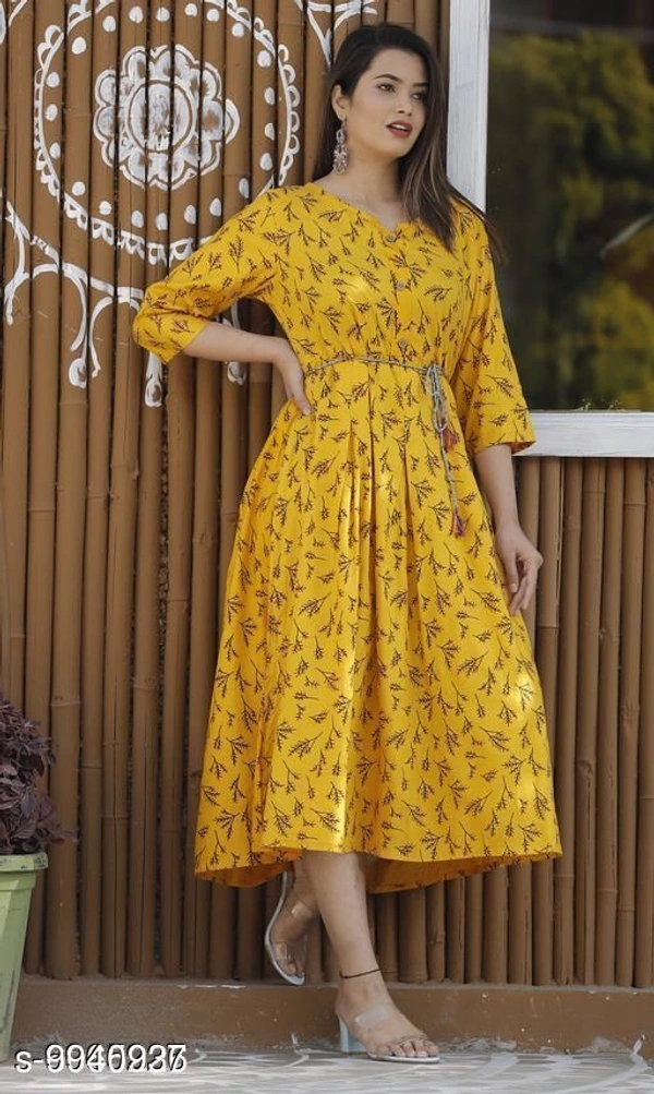 Women Rayon Gown Printed Yellow Kurti - M