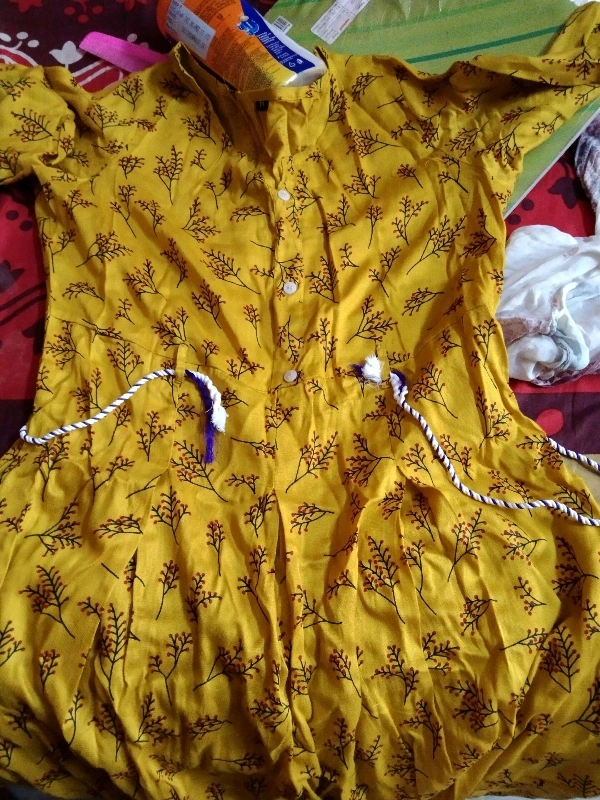 Women Rayon Gown Printed Yellow Kurti - L