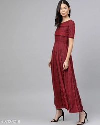 Maroon Aztec Borders Print Designer Maxi Dress - S