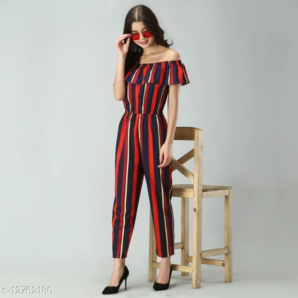  Elastic Waist Soft Ruffles Striped Jumpsuit - L