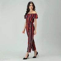  Elastic Waist Soft Ruffles Striped Jumpsuit - L