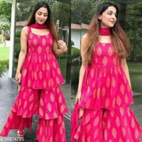 Designer Gold printed kurta with Duppata , Sharara - S