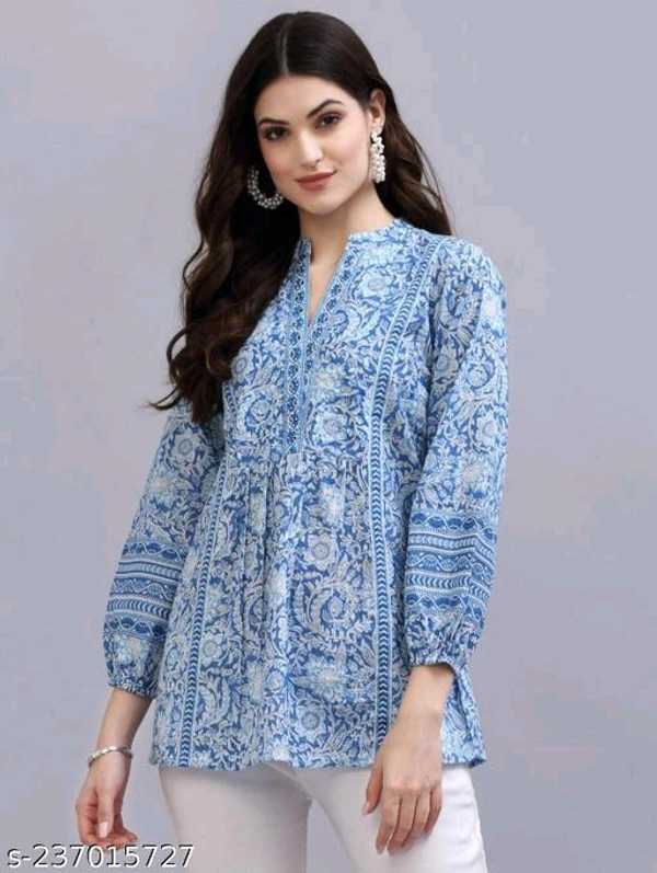 YSS Blue Print Mandarin Collar pure cotton TOP  - S, Picton Blue