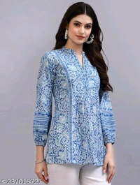 YSS Blue Print Mandarin Collar pure cotton TOP  - S, Picton Blue