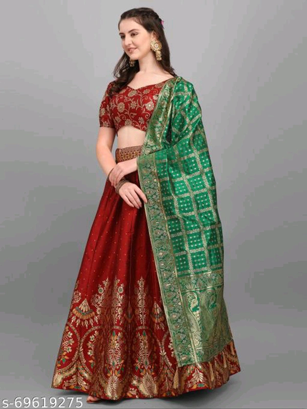 YSS Women Jacquard Woven Design Stitched Lehenga & Unstitched Blouse with Dupatta - Semi Stitched