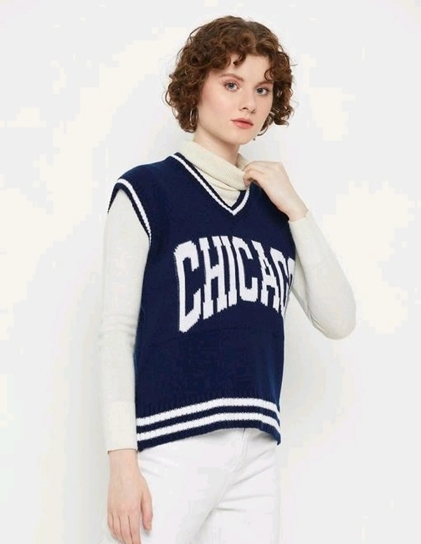 YSS Women V Neck Sleeveless Typography Sweater - S, Dark Blue