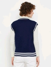 YSS Women V Neck Sleeveless Typography Sweater - S, Dark Blue