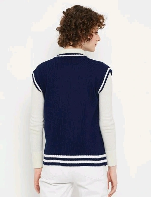 YSS Women V Neck Sleeveless Typography Sweater - S, Dark Blue