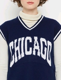 YSS Women V Neck Sleeveless Typography Sweater - M, Dark Blue