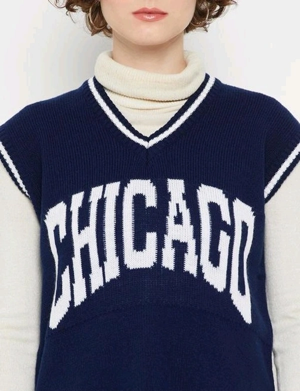 YSS Women V Neck Sleeveless Typography Sweater - M, Dark Blue