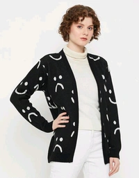 YSS  Checkout this latest SweatersProduct Name: *Kasma Women Peter pan collar Full Sleeves Quirky Cardigan*Fabric: WoolSleeve Length: Long SleevesPattern: PrintedNet Quantity (N): 1Sizes: S (Bust Size: 38 in, Length Size: 24 in) M (Bust Size: 40 in, Length Size: 25 in) L (Bust Size: 42 in, Length Size: 26 in) Kasma Women Black Peter pan collar Full Sleeves Quirky Cardigan - S