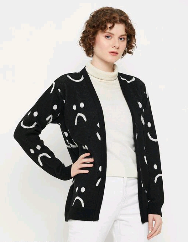 YSS  Checkout this latest SweatersProduct Name: *Kasma Women Peter pan collar Full Sleeves Quirky Cardigan*Fabric: WoolSleeve Length: Long SleevesPattern: PrintedNet Quantity (N): 1Sizes: S (Bust Size: 38 in, Length Size: 24 in) M (Bust Size: 40 in, Length Size: 25 in) L (Bust Size: 42 in, Length Size: 26 in) Kasma Women Black Peter pan collar Full Sleeves Quirky Cardigan - S