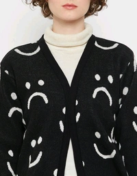 YSS  Checkout this latest SweatersProduct Name: *Kasma Women Peter pan collar Full Sleeves Quirky Cardigan*Fabric: WoolSleeve Length: Long SleevesPattern: PrintedNet Quantity (N): 1Sizes: S (Bust Size: 38 in, Length Size: 24 in) M (Bust Size: 40 in, Length Size: 25 in) L (Bust Size: 42 in, Length Size: 26 in) Kasma Women Black Peter pan collar Full Sleeves Quirky Cardigan - S