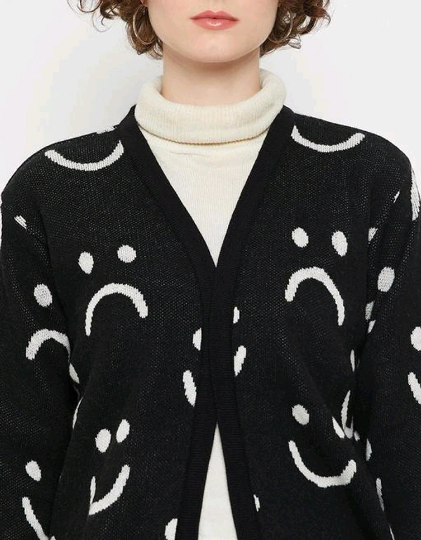 YSS  Checkout this latest SweatersProduct Name: *Kasma Women Peter pan collar Full Sleeves Quirky Cardigan*Fabric: WoolSleeve Length: Long SleevesPattern: PrintedNet Quantity (N): 1Sizes: S (Bust Size: 38 in, Length Size: 24 in) M (Bust Size: 40 in, Length Size: 25 in) L (Bust Size: 42 in, Length Size: 26 in) Kasma Women Black Peter pan collar Full Sleeves Quirky Cardigan - S