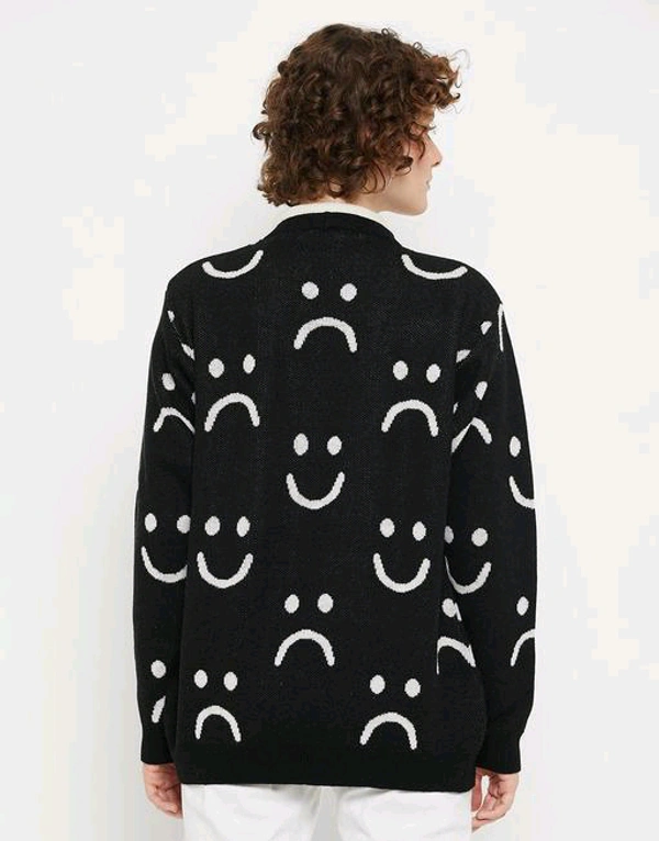 YSS  Checkout this latest SweatersProduct Name: *Kasma Women Peter pan collar Full Sleeves Quirky Cardigan*Fabric: WoolSleeve Length: Long SleevesPattern: PrintedNet Quantity (N): 1Sizes: S (Bust Size: 38 in, Length Size: 24 in) M (Bust Size: 40 in, Length Size: 25 in) L (Bust Size: 42 in, Length Size: 26 in) Kasma Women Black Peter pan collar Full Sleeves Quirky Cardigan - S