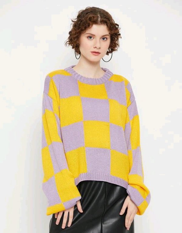 YSS Kasma Women Round Neck Full Sleeves Checked Sweater - M