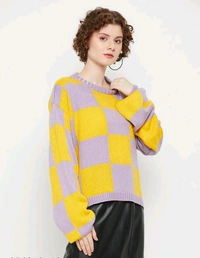 YSS Kasma Women Round Neck Full Sleeves Checked Sweater - M