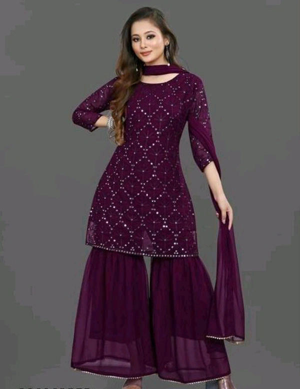 YSS Women's Georgette Sequence Work Kurta Solid Sharara with Dupatta Set - M
