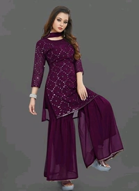 YSS Women's Georgette Sequence Work Kurta Solid Sharara with Dupatta Set - M