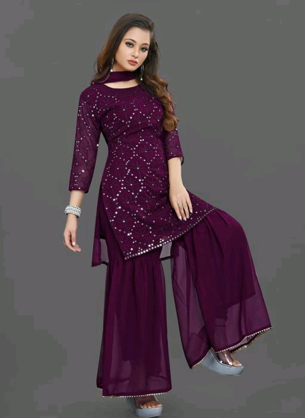 YSS Women's Georgette Sequence Work Kurta Solid Sharara with Dupatta Set - M