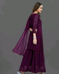 YSS Women's Georgette Sequence Work Kurta Solid Sharara with Dupatta Set - M