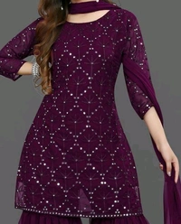 YSS Women's Georgette Sequence Work Kurta Solid Sharara with Dupatta Set - M