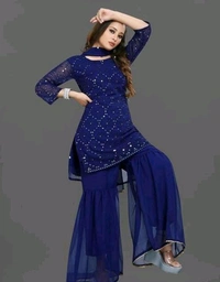 YSS Women's Georgette Sequence Work Kurta Solid Sharara with Dupatta Set - M
